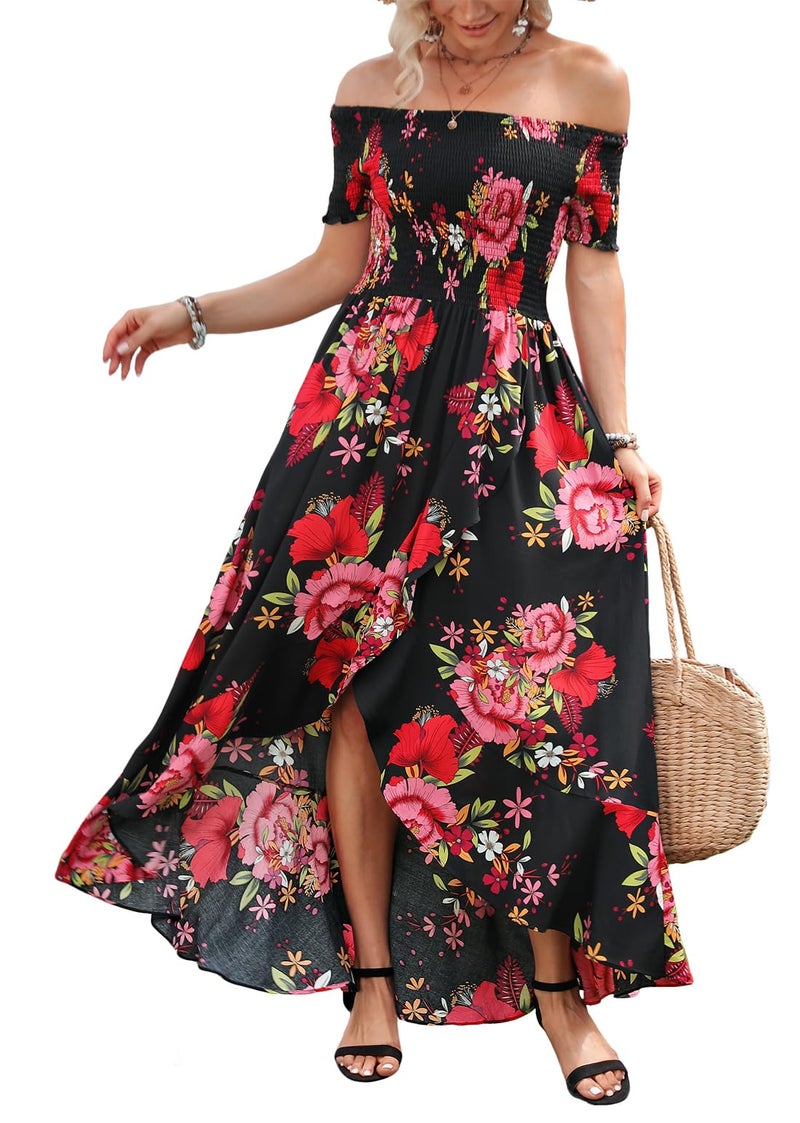 Kormei Women Short Sleeve Off Shoulder Floral High Low Flowy Summer Party Long Maxi Dress M Black&Red - Image 1
